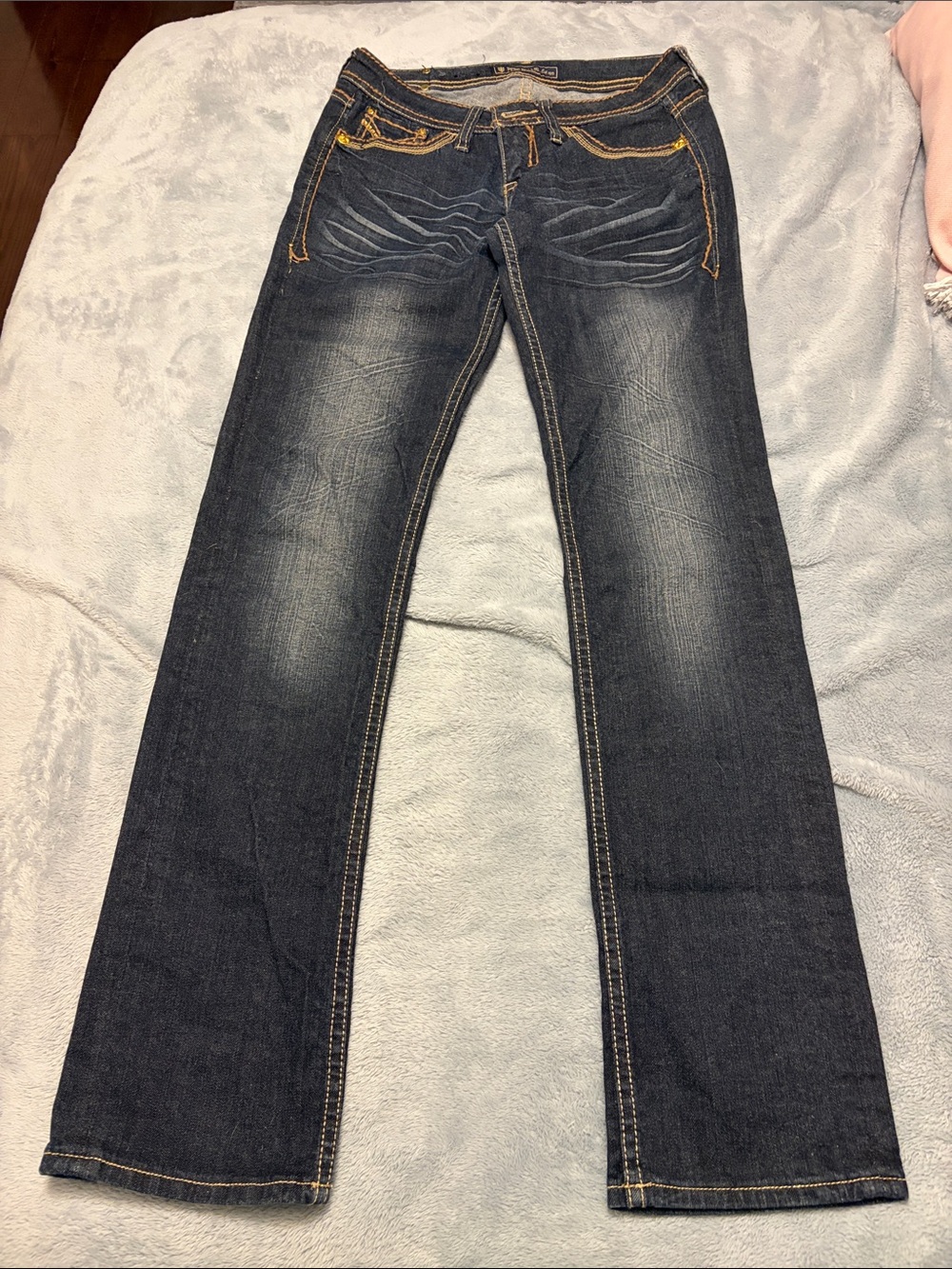 Pepe Ladies Jeans Dark Blue Boot Cut Jeans with Contrast Stitching in gold